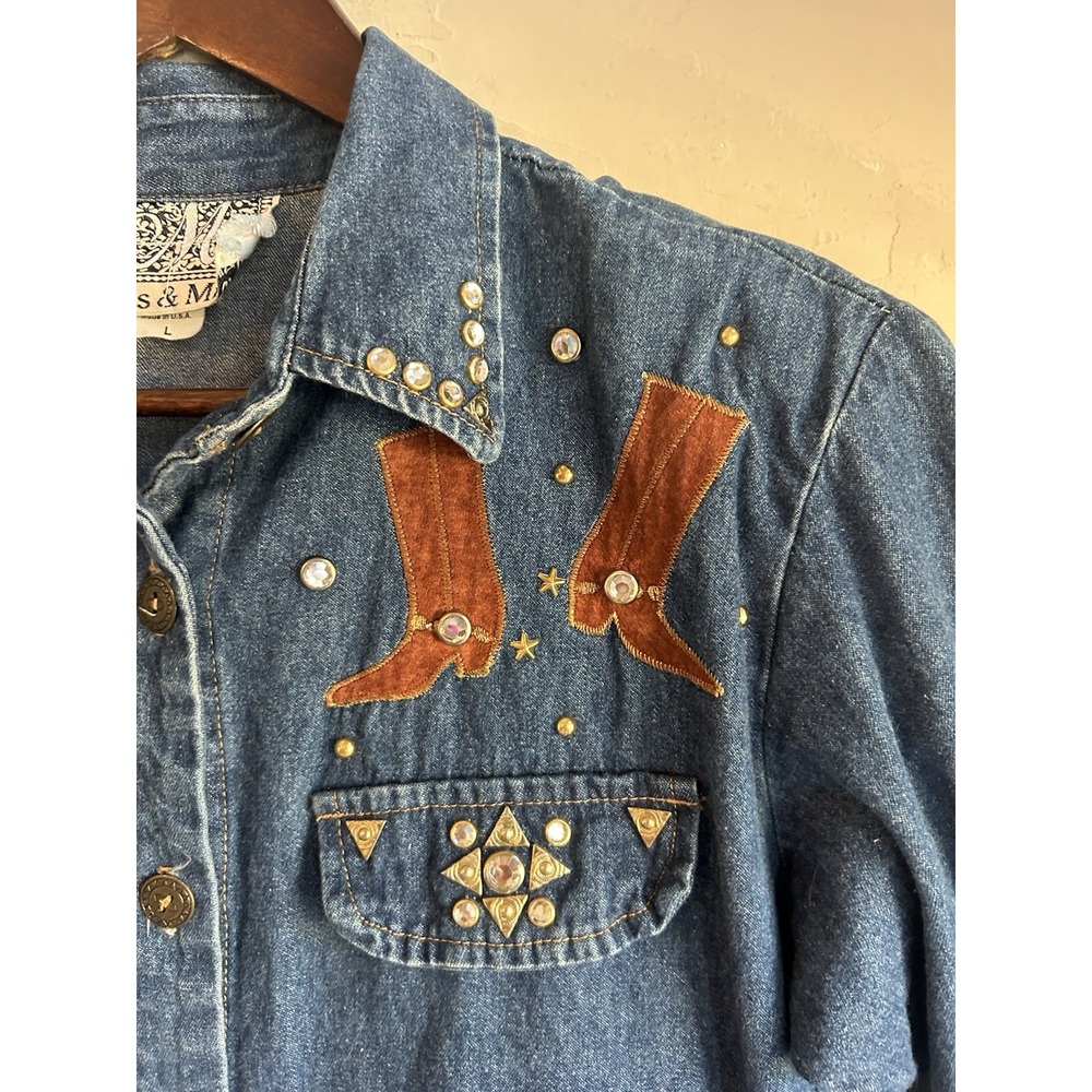 Vintage Miss & Mrs Denim Midi Shirt Dress L Cowgirl Novelty Studded Rhinestone - Picture 3 of 11